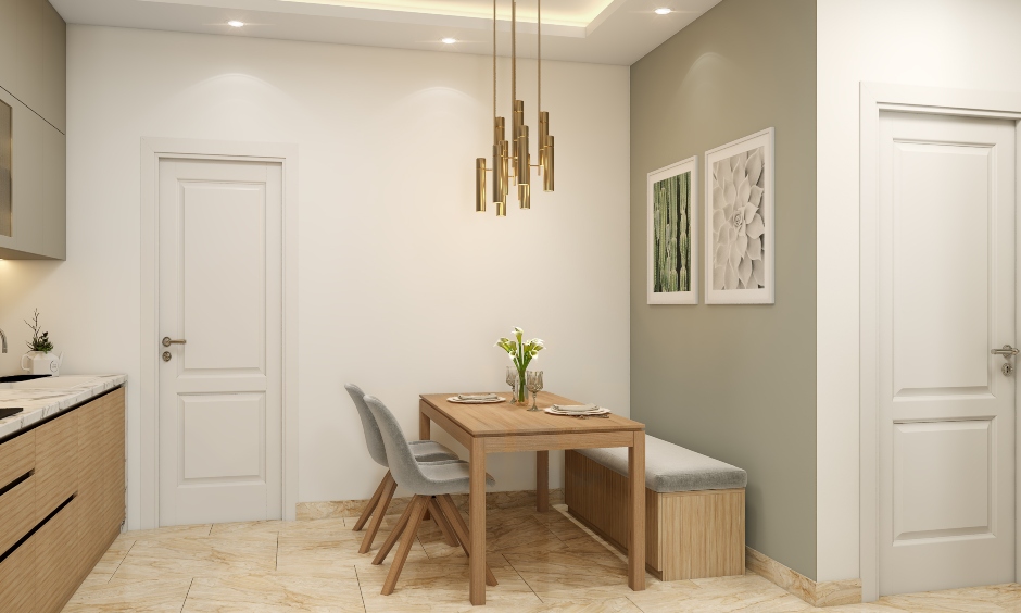 1 bhk home with a kitchen and a dining space equipped with a table and chairs