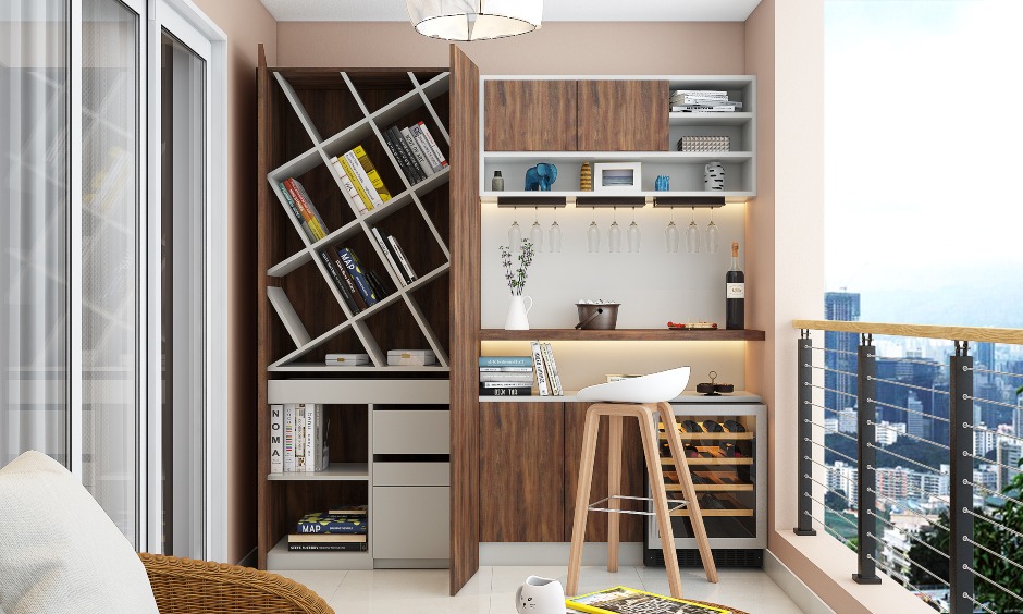 A Contemporary Balcony Design Featuring A Study Table And Hidden Storage