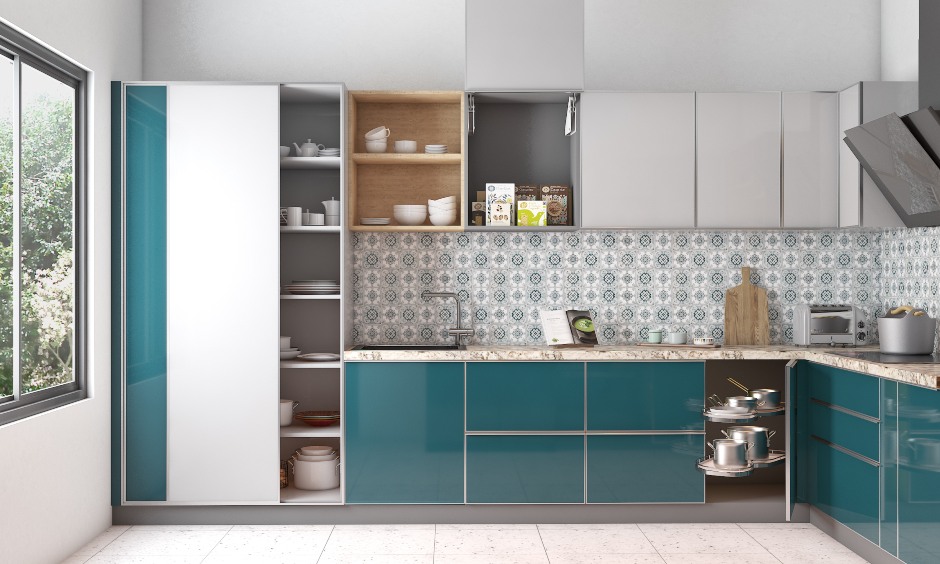 A Multi-Toned L-Shaped Modular Kitchen in Blue and White
