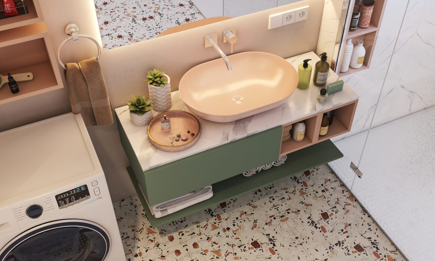 Bathroom design in a simple and elegant style with a floating vanity and a bowl sink