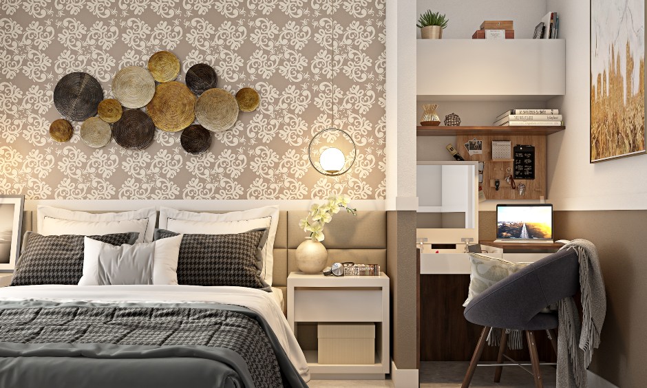 Bedroom design in neutral tones with study unit and lift-up dressing-unit