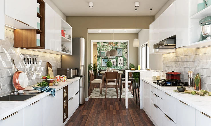 Classic American parallel kitchen with white cabinetry blends simplicity and finesse