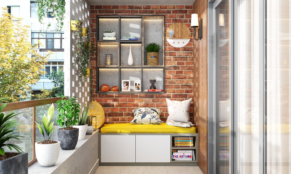 Design for a balcony with a brick wall and open shelves