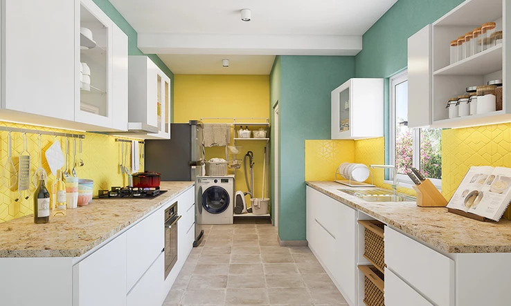 Gourmet parallel kitchen interior with white handleless cabin storage