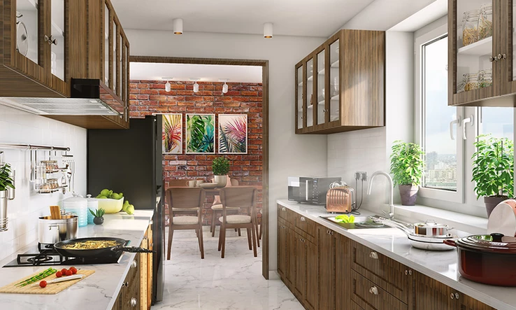 Modern parallel kitchen with dark wood panelling lends a glimpse of grandeur