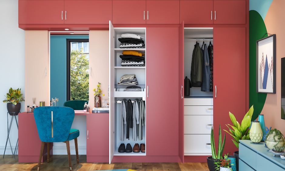 Multiple drawers and shelves in each of the two wardrobes