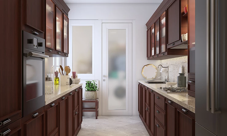 Parallel kitchen in luxury home with cherry wood cabinetry