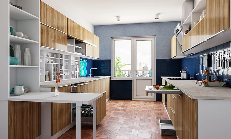 Simple white parallel modular kitchen design with space-saving cabinetry concept