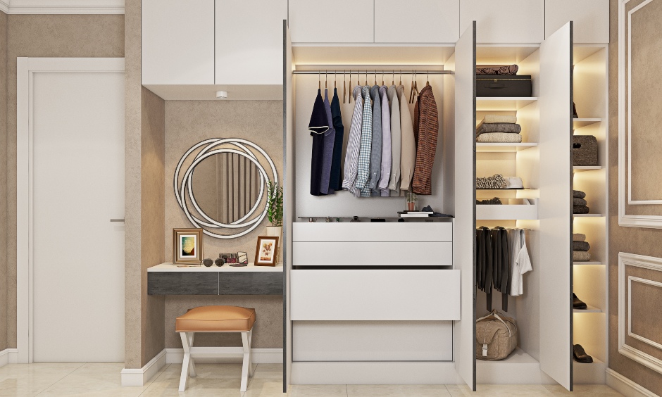 Slate-finished wardrobe with open shelf