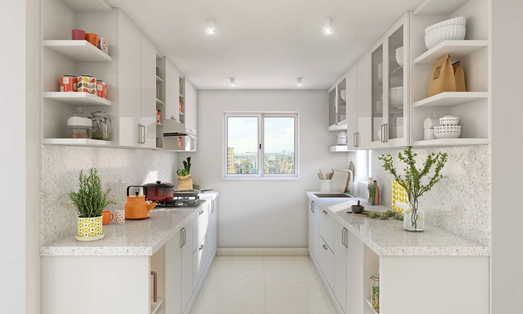 Small White Parallel Kitchen with off-white cabinetry