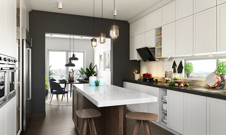 Spacious parallel kitchen design with dark wood centre island