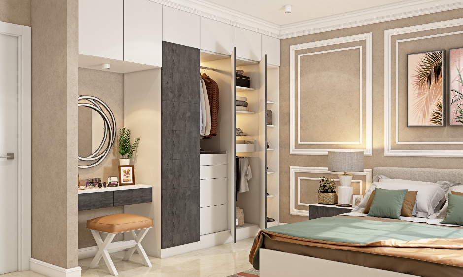 The wardrobe is finished in Grey Laminate and has a minimalistic appearance.