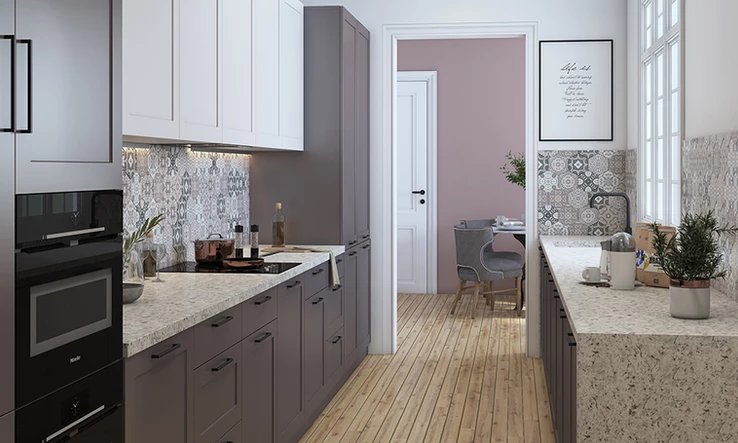 White bar-style parallel kitchen design with granite countertop and illuminating pendant lights