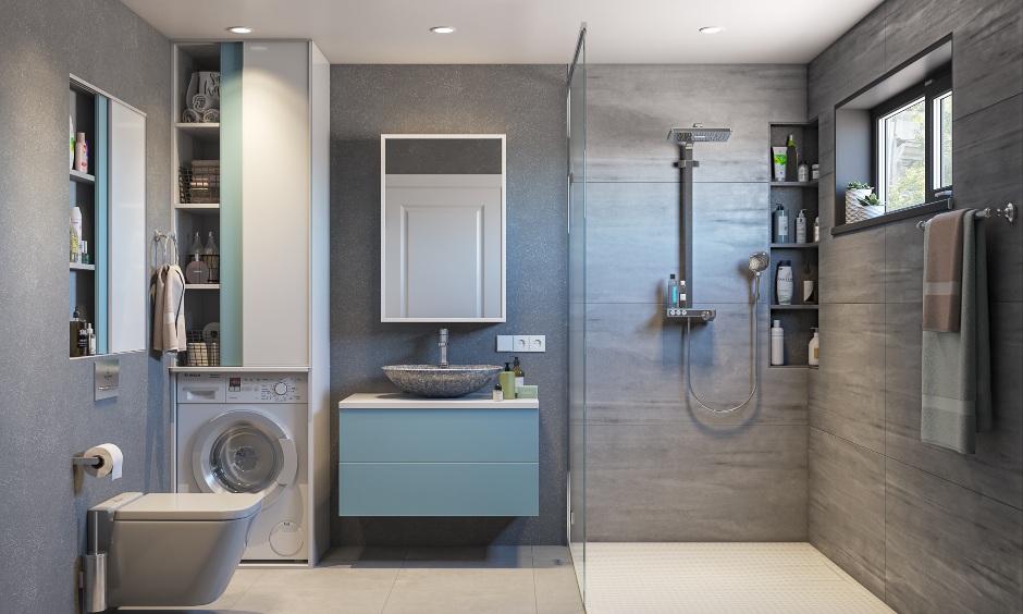 a bathroom with a grey and white colour scheme
