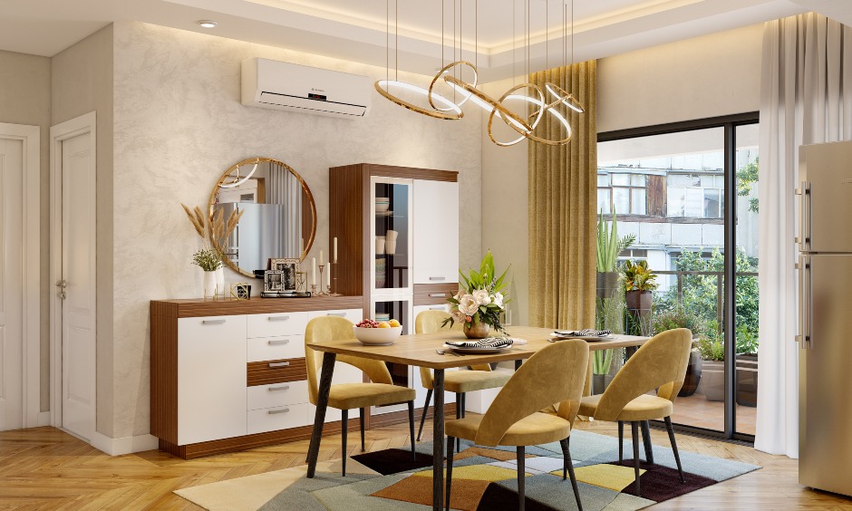interior design of a dining area in a three-bedroom flat in India