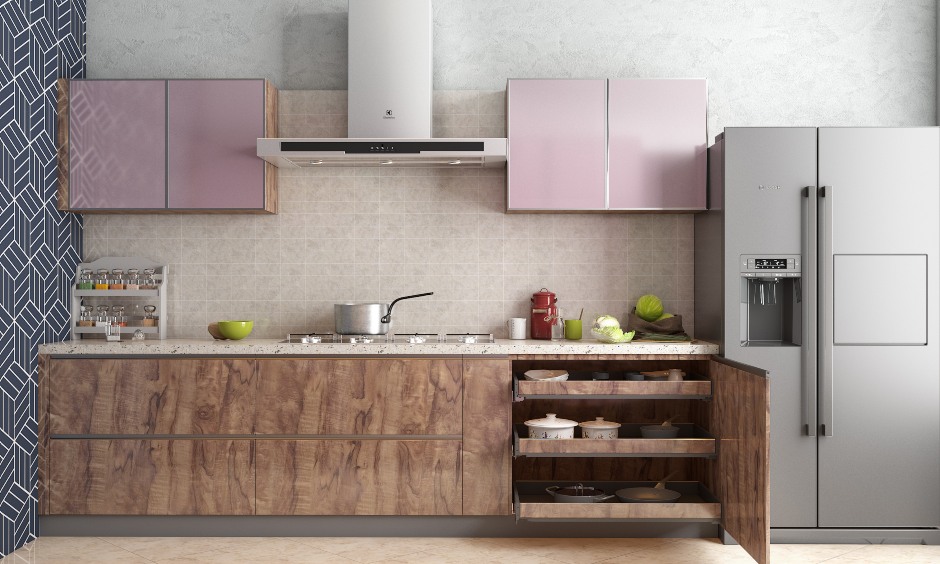 pink colour straight-kitchen-in-high gloss and-wood