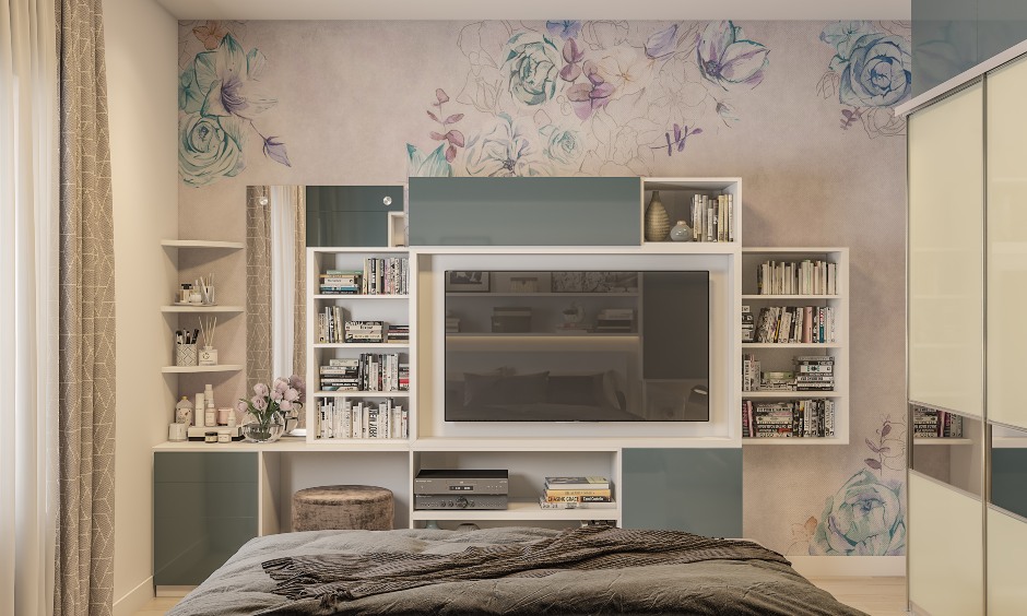 tv unit with open and closed storage in a bedroom design