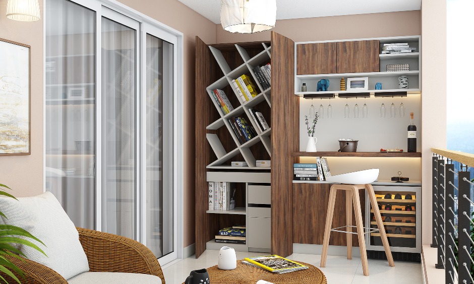 wall-to-ceiling cabinet and bookshelves on a contemporary balcony