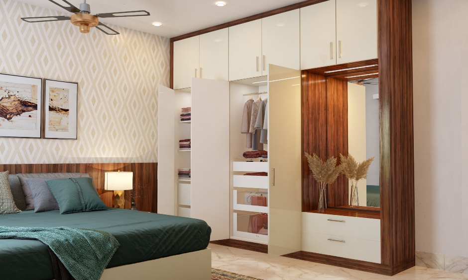 wardrobe in icy white and wood with a dresser unit