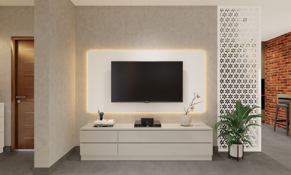 A TV unit with a low-lying cabinet with Philips LED-backlight wall panel.