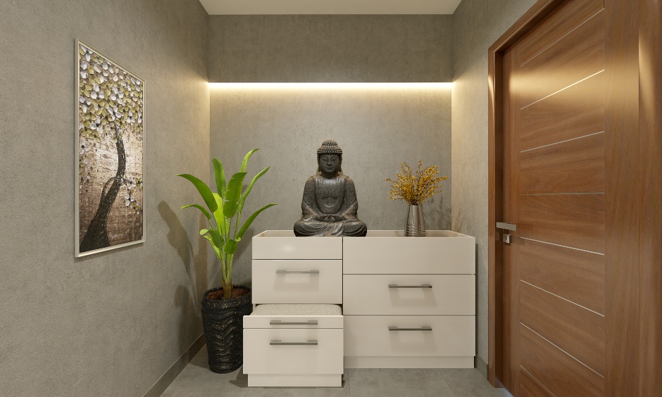 This 1BHK is designed with sandstone finish wallpaper and minimal accents for a soothing vibe.