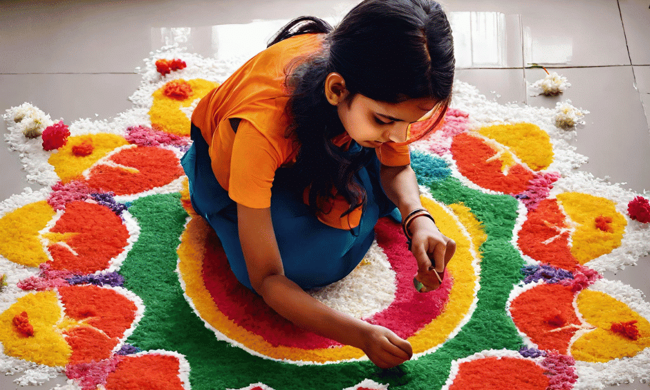 A young girl making colour and flowers rangoli art on diwali festiva in a 3bhk flat