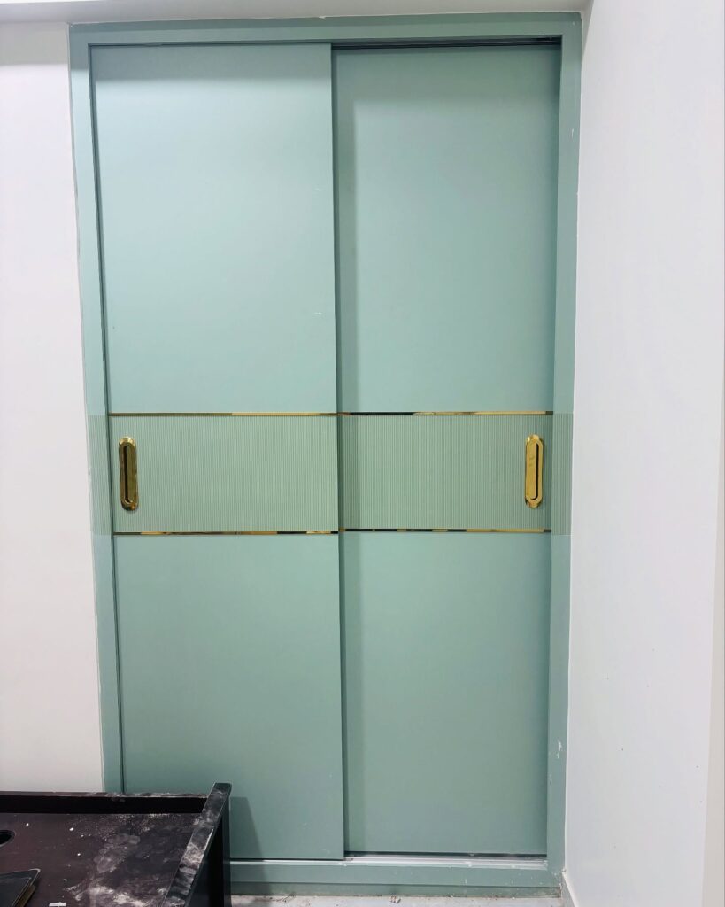 Mint Green 2-Door Sliding Wardrobe | Gold Handle & Modern Finish