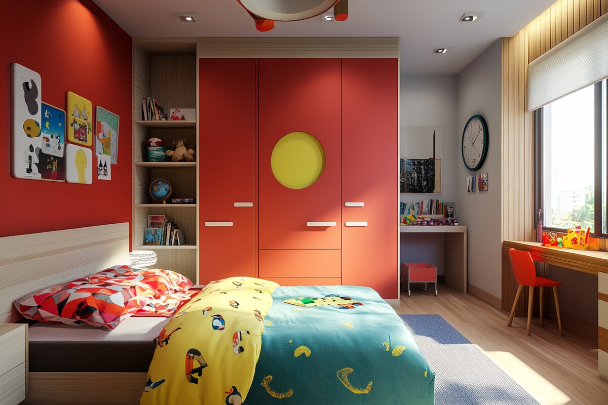 3-Door Swing Wardrobe in Red and Yellow Laminate for Kids' Room