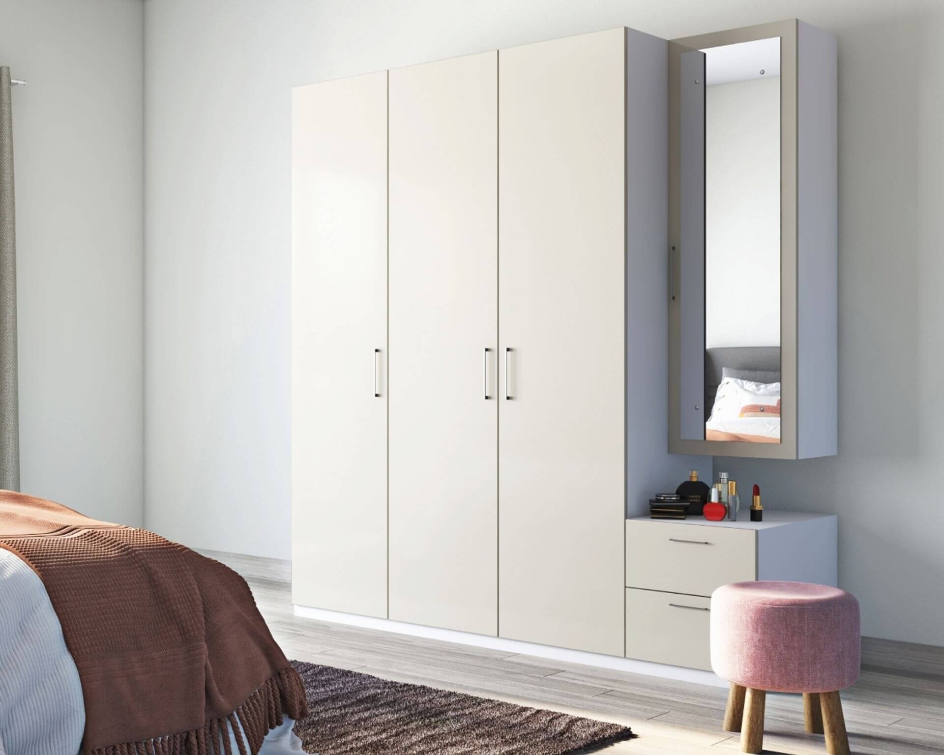 3-Door Swing Wardrobe with Dresser in Elegant Frosty White Laminate