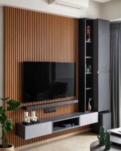 Modern Slatted Wood TV Wall Unit | Matte Black Floating Console Design