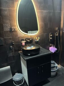 Black Ceramic Bowl Vanity with LED Mirror and Matte Cabinet