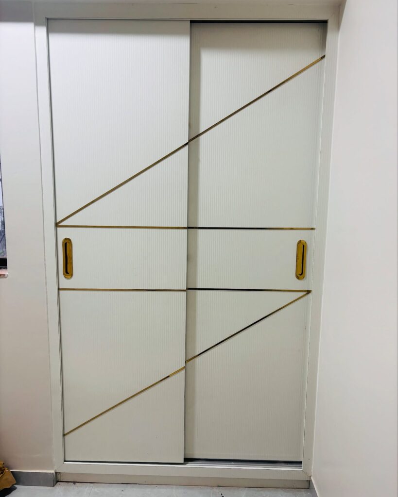 Contemporary 2-Door Sliding Wardrobe in White Matte with Gold Diagonal Inlays
