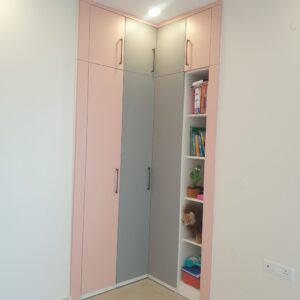 Corner Wardrobe Unit with Open Shelf in Pink & Grey Matte Finish