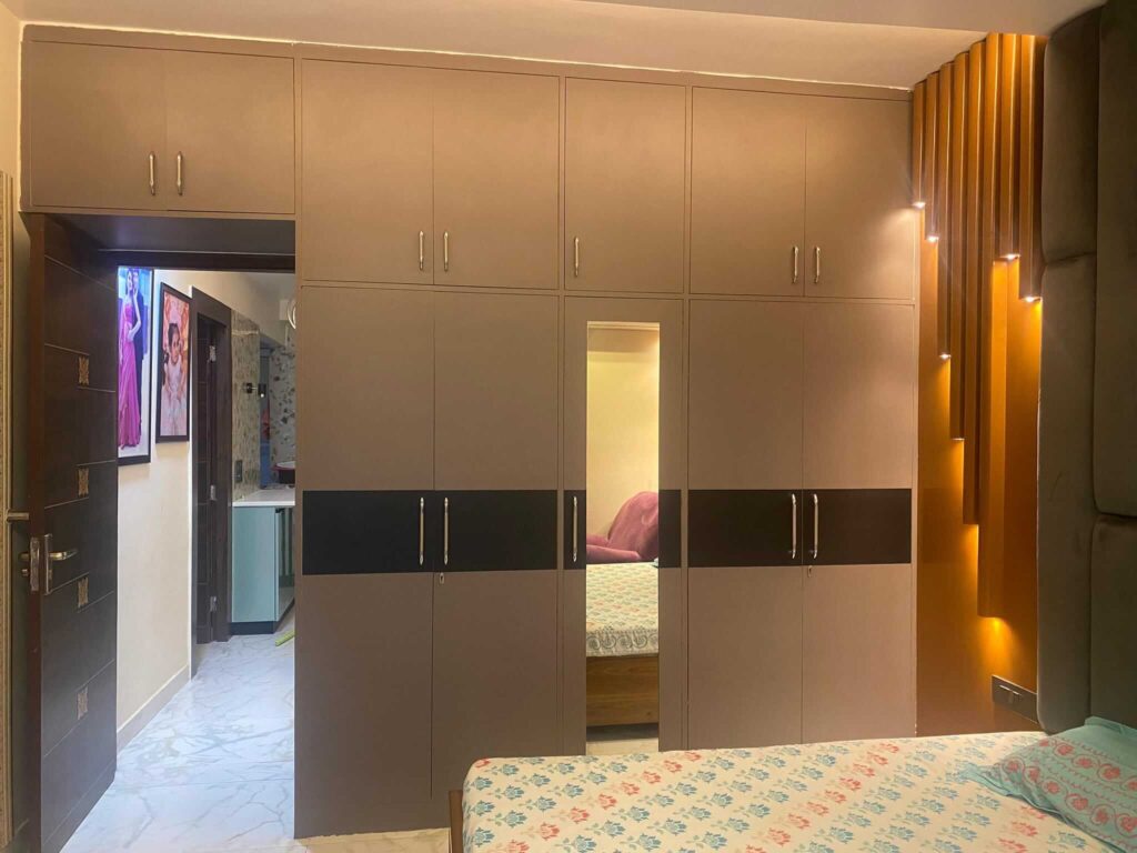 Full-Wall Swing Wardrobe with Loft & Mirror | Matte Dual-Tone Finish