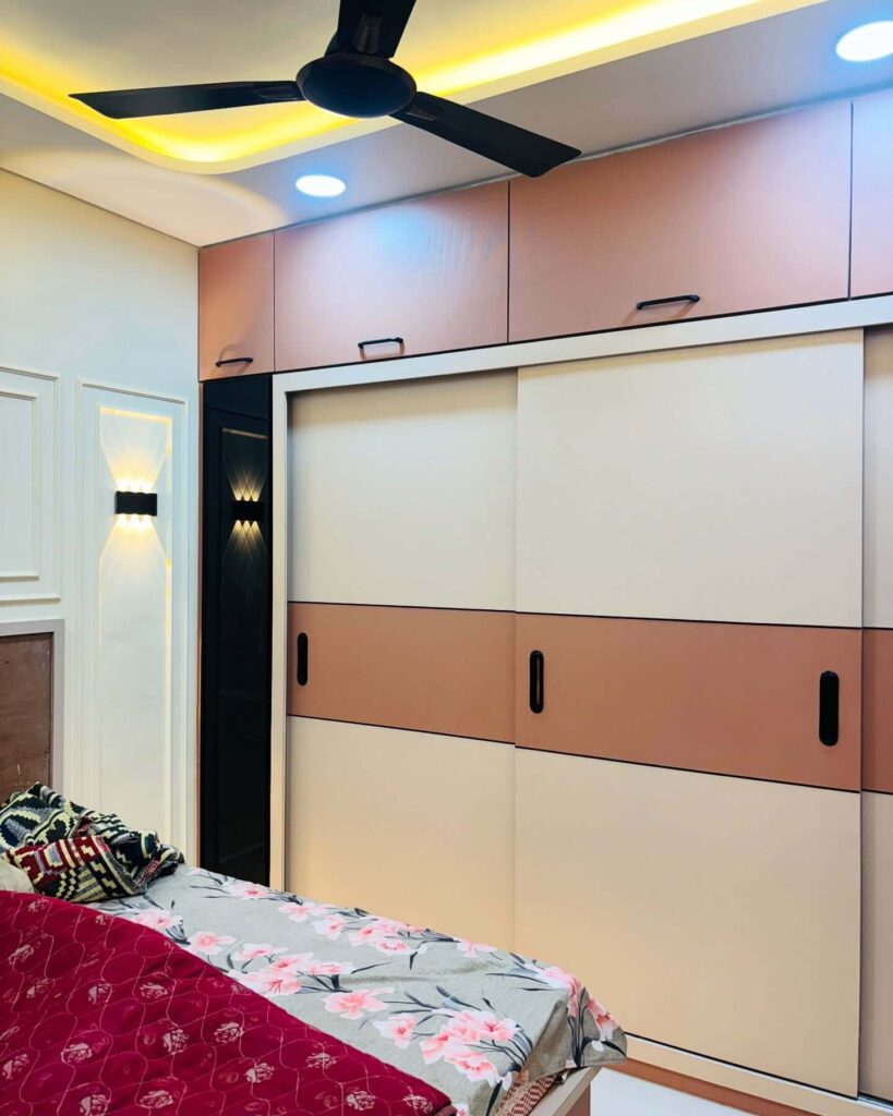Modern 2-Door Sliding Wardrobe with Loft Beige & Tan Matte Finish
