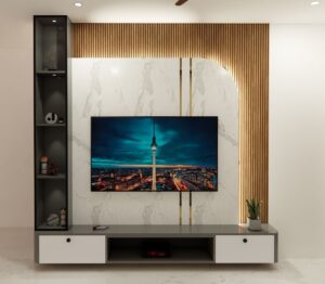 Modern Grey and White TV Unit Design with Marble Back Panel