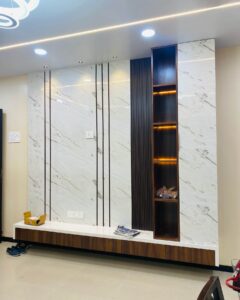 Modern Marble-Finish TV Unit with Open Shelf & LED Backlighting