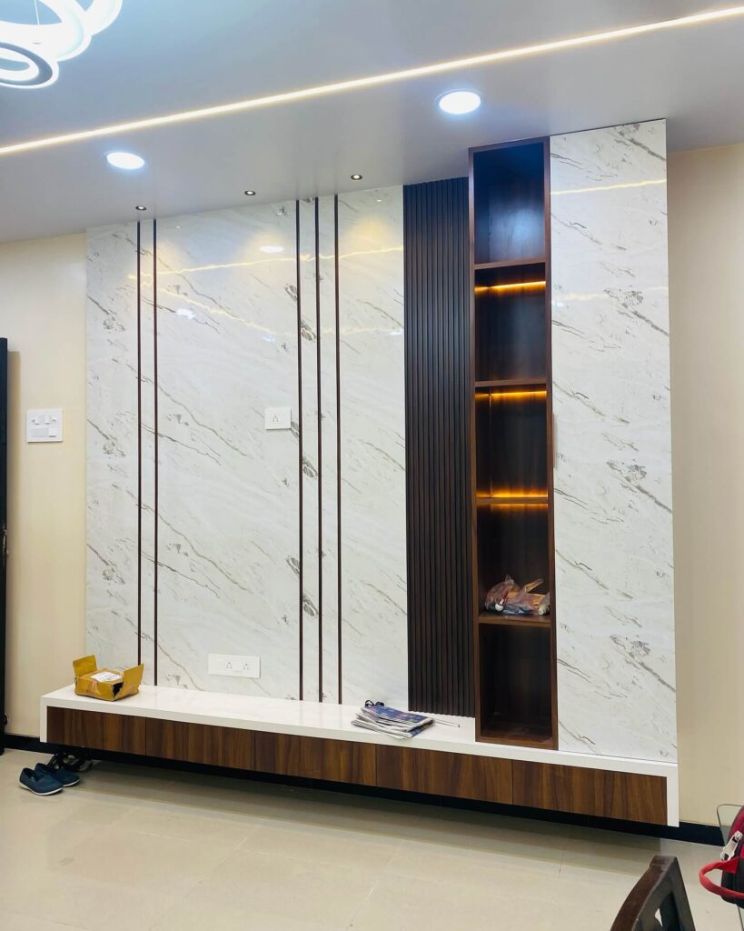 Modern Marble-Finish TV Unit with Open Shelf & LED Backlighting