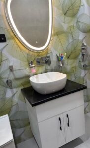Modern White Bathroom Vanity with Black Countertop and LED Mirror