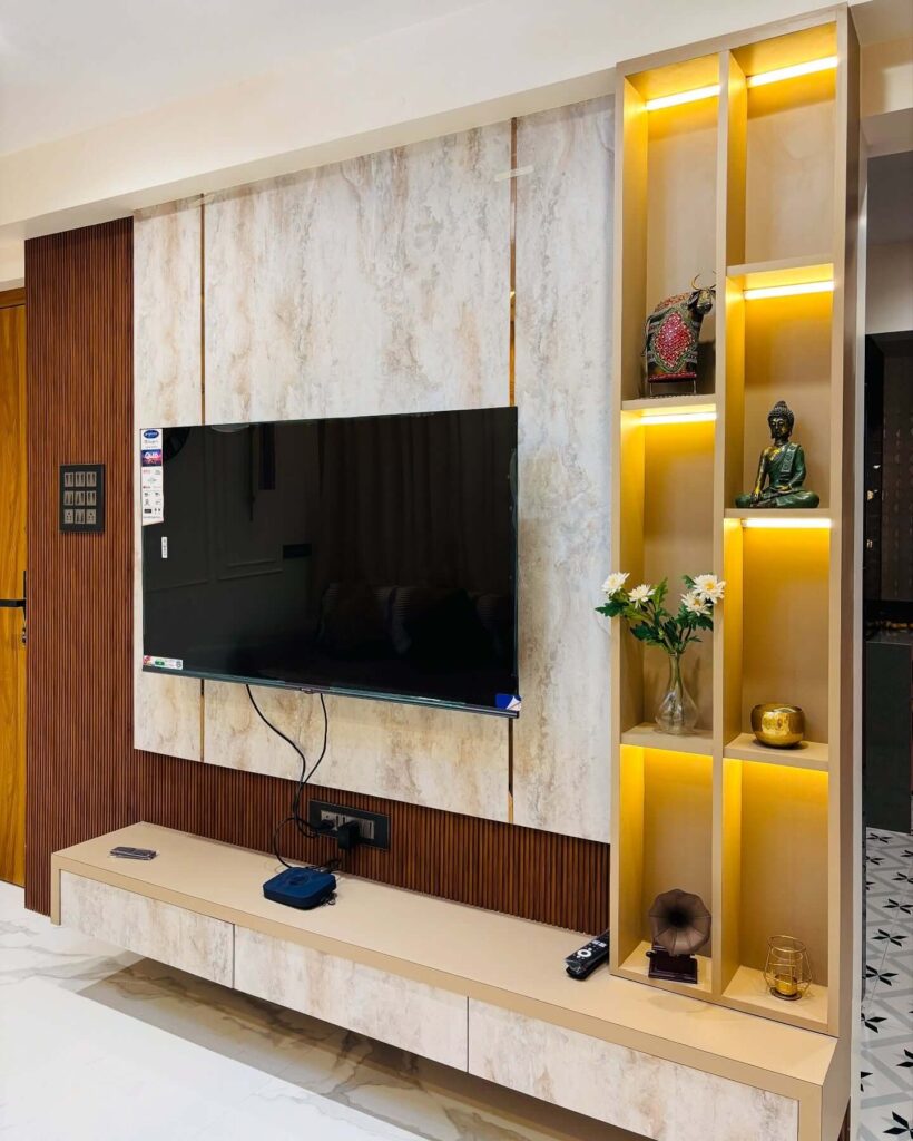 Modern Wooden Tv unit design with wall unit and 3 drawers