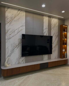 Premium Marble-Laminate TV Unit with Curved Floating Console & LED Shelf
