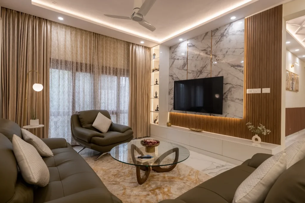 Backlit Marble TV Unit with Wooden Slats & Display Niches