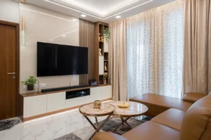 Compact Marble TV Wall with Floating Unit & Fluted Paneling