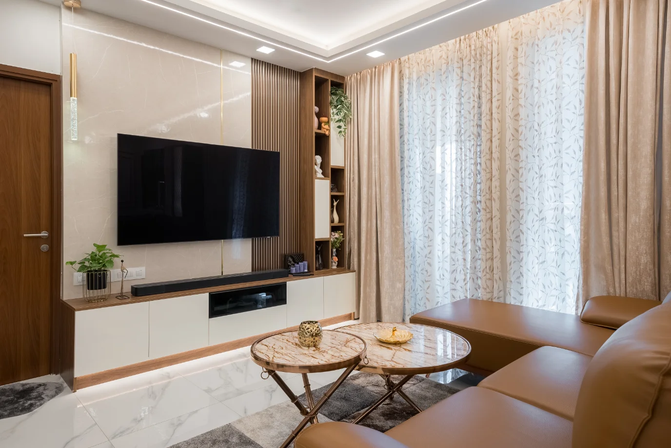 Compact Marble TV Wall with Floating Unit & Fluted Paneling