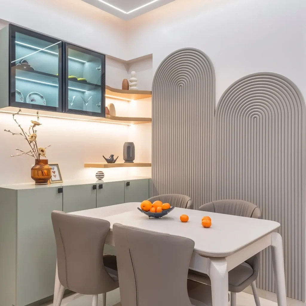 Custom Dining Area with Textured Wall & Modern Furniture – Interior Design in Noida

