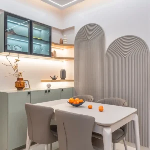 Custom Dining Area with Textured Wall & Modern Furniture – Interior Design in Noida