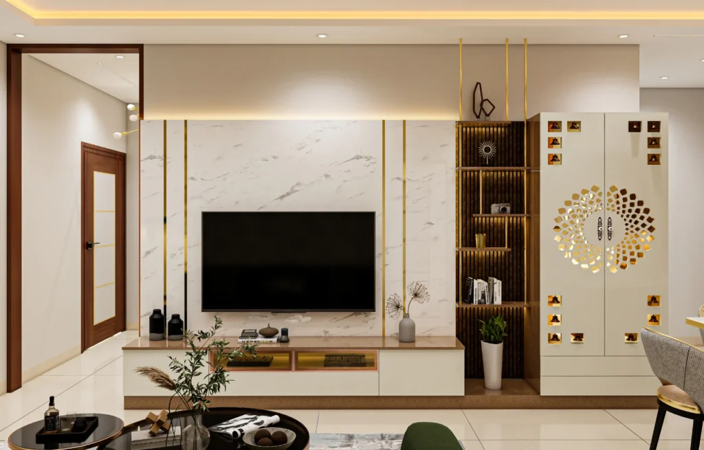 Marble-Finish TV Unit with Gold Accents & Jaali Decor Cabinet