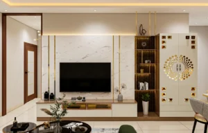 Marble-Finish TV Unit with Gold Accents & Jaali Decor Cabinet