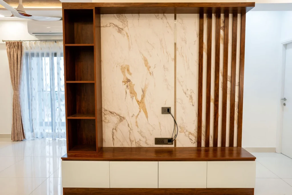 Marble-Finish TV Unit with Walnut Vertical Slats & Open Shelf