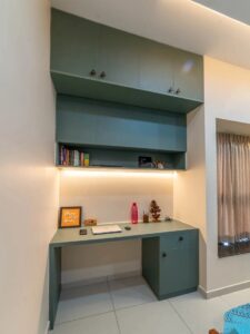 Modern Green Desk with Upper Storage Shelves for Contemporary Spaces